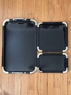 Vintage Lacquer Ware black serving tray Set, Gold Handles. 1970’s, Toyo, Japan